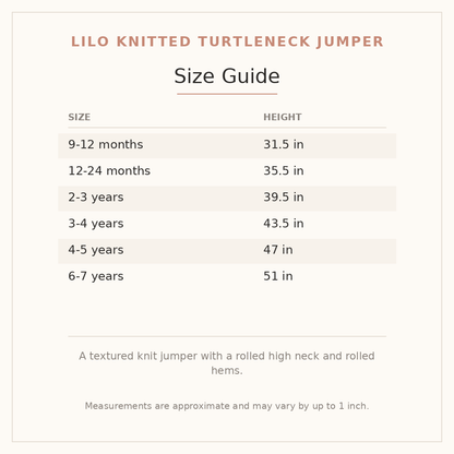 Lilo Knitted Turtleneck Jumper size guide - age and height