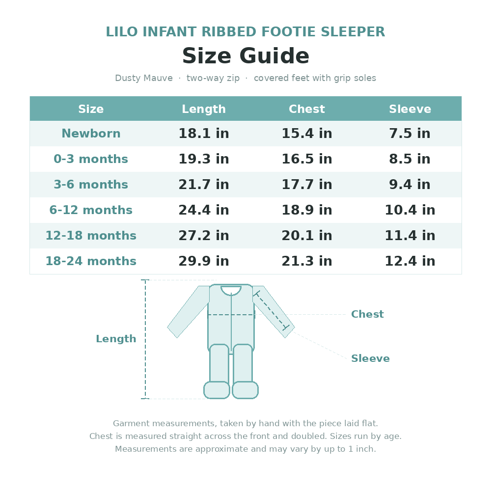 Lilo Infant Ribbed Footie Sleeper in Dusty Mauve size guide - age and measurements