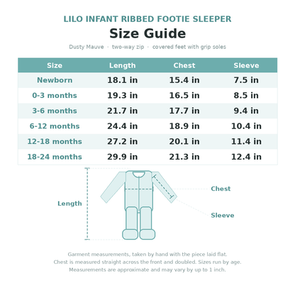 Lilo Infant Ribbed Footie Sleeper in Dusty Mauve size guide - age and measurements