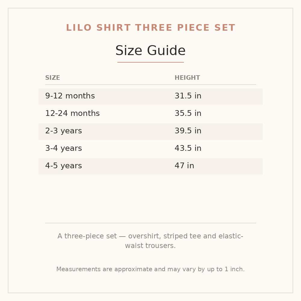 Lilo Shirt Three Piece Set size guide - age and height