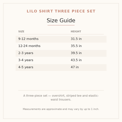 Lilo Shirt Three Piece Set size guide - age and height
