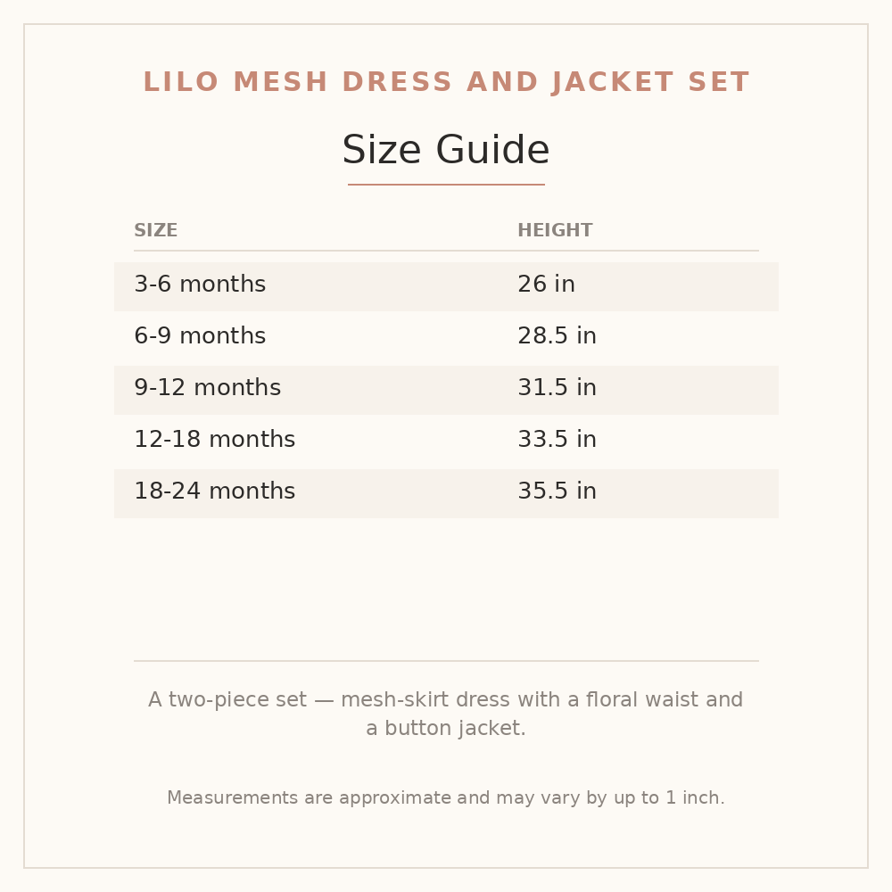 Lilo Mesh Dress and Jacket Set size guide - age and height