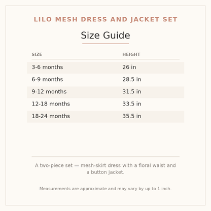 Lilo Mesh Dress and Jacket Set size guide - age and height