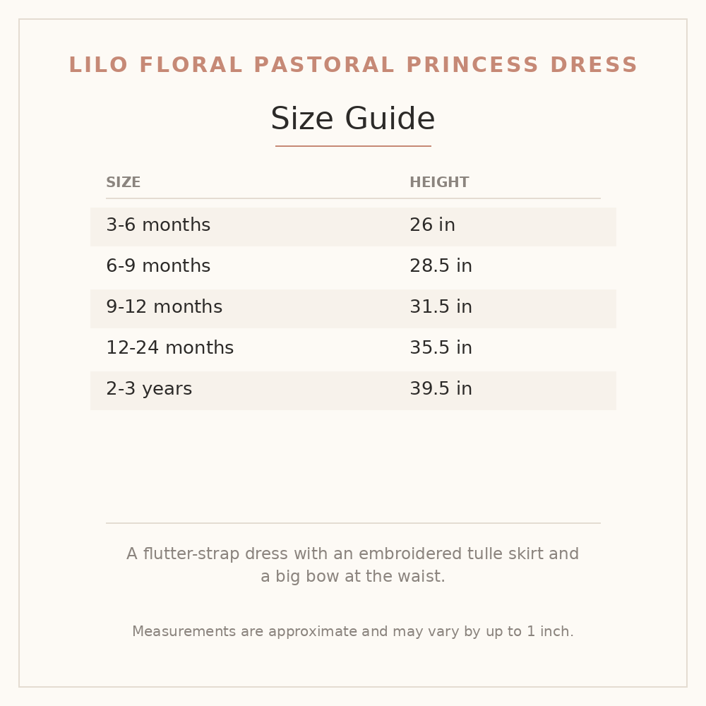 Lilo Floral Pastoral Princess Dress size guide - age and height