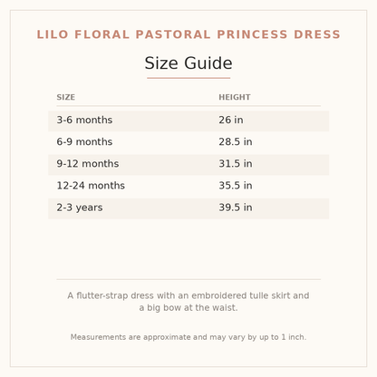 Lilo Floral Pastoral Princess Dress size guide - age and height