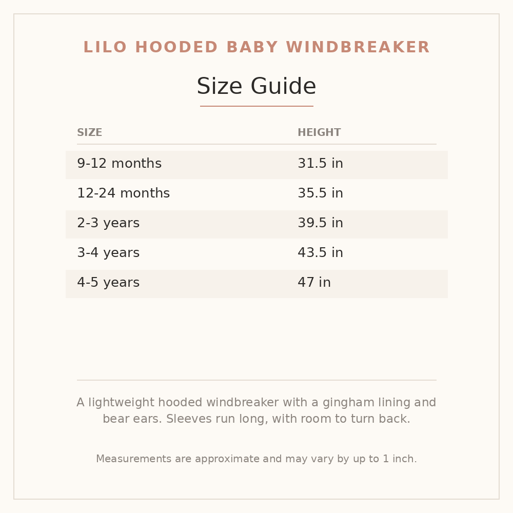 Lilo Hooded Baby Windbreaker size guide - age and height