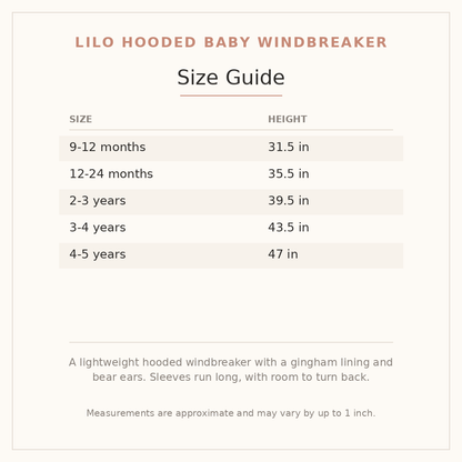 Lilo Hooded Baby Windbreaker size guide - age and height