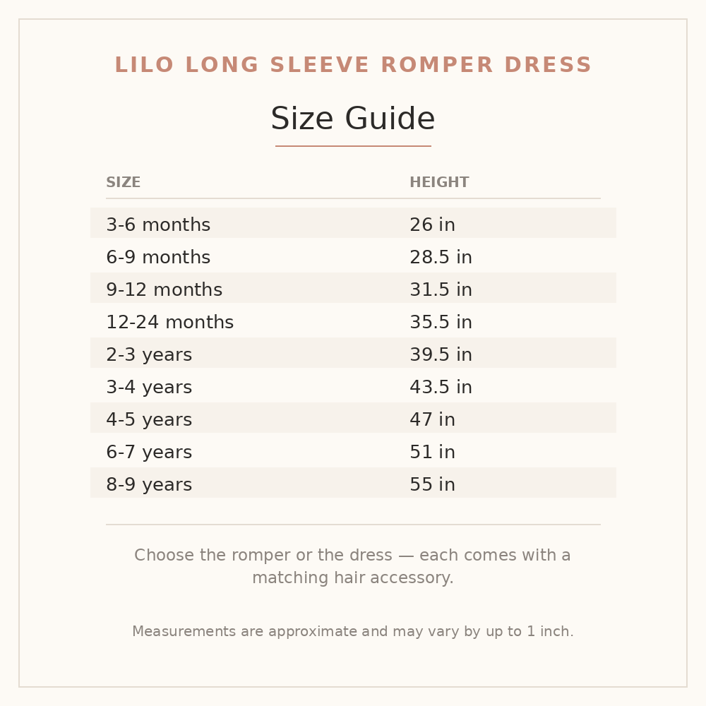 Lilo Long Sleeve Romper Dress size guide - age and height