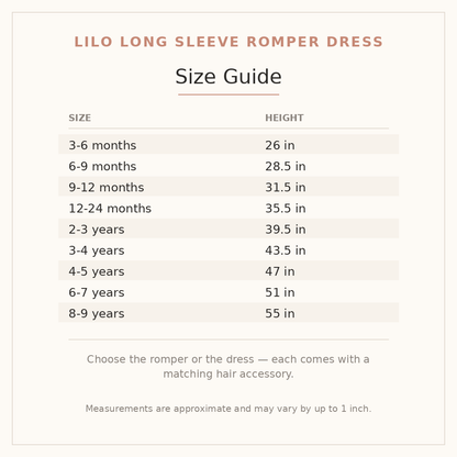 Lilo Long Sleeve Romper Dress size guide - age and height