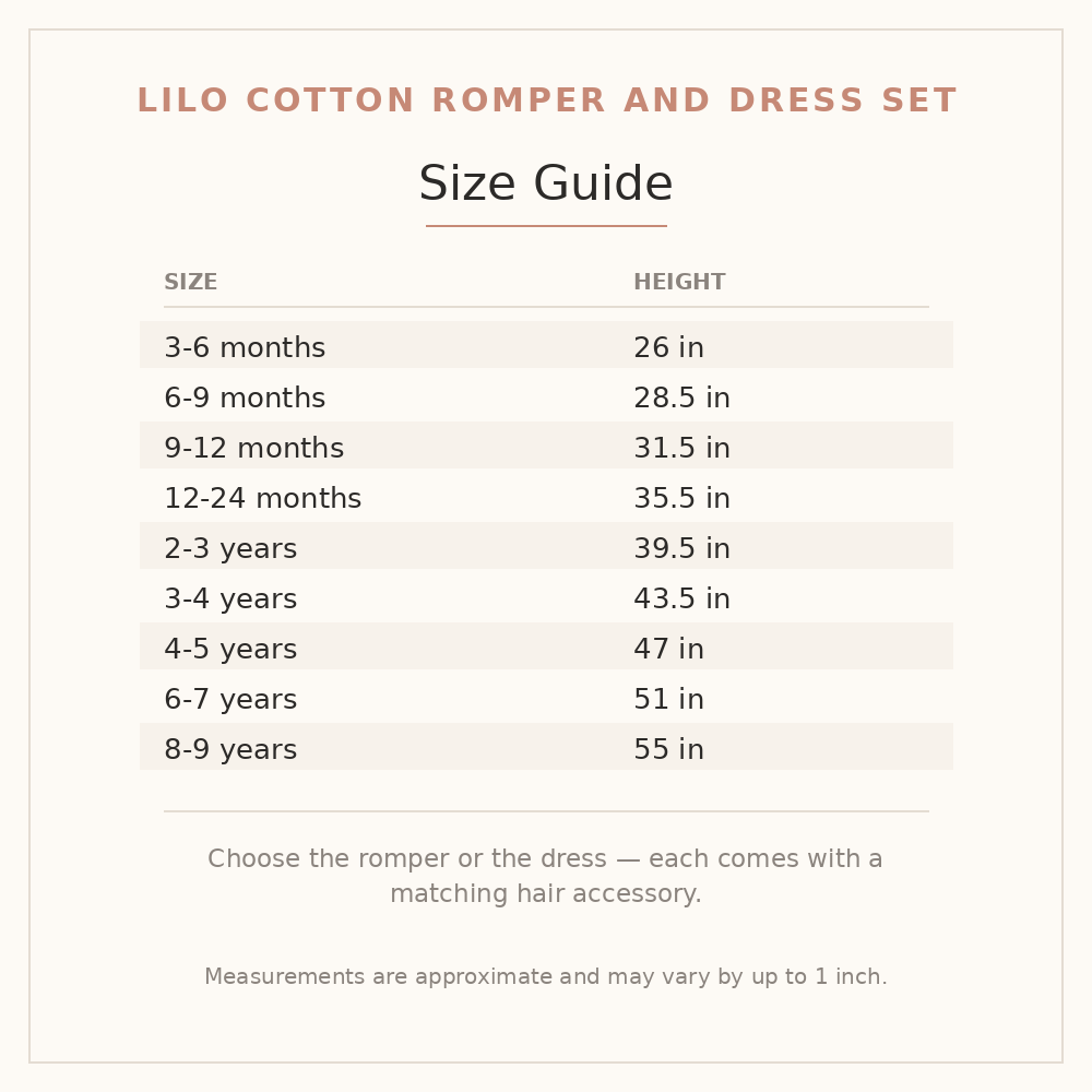 Lilo Cotton Romper and Dress Set size guide - age and height