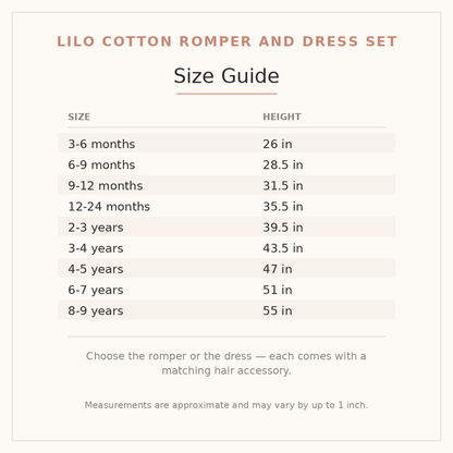 Lilo Cotton Romper and Dress Set size guide - age and height