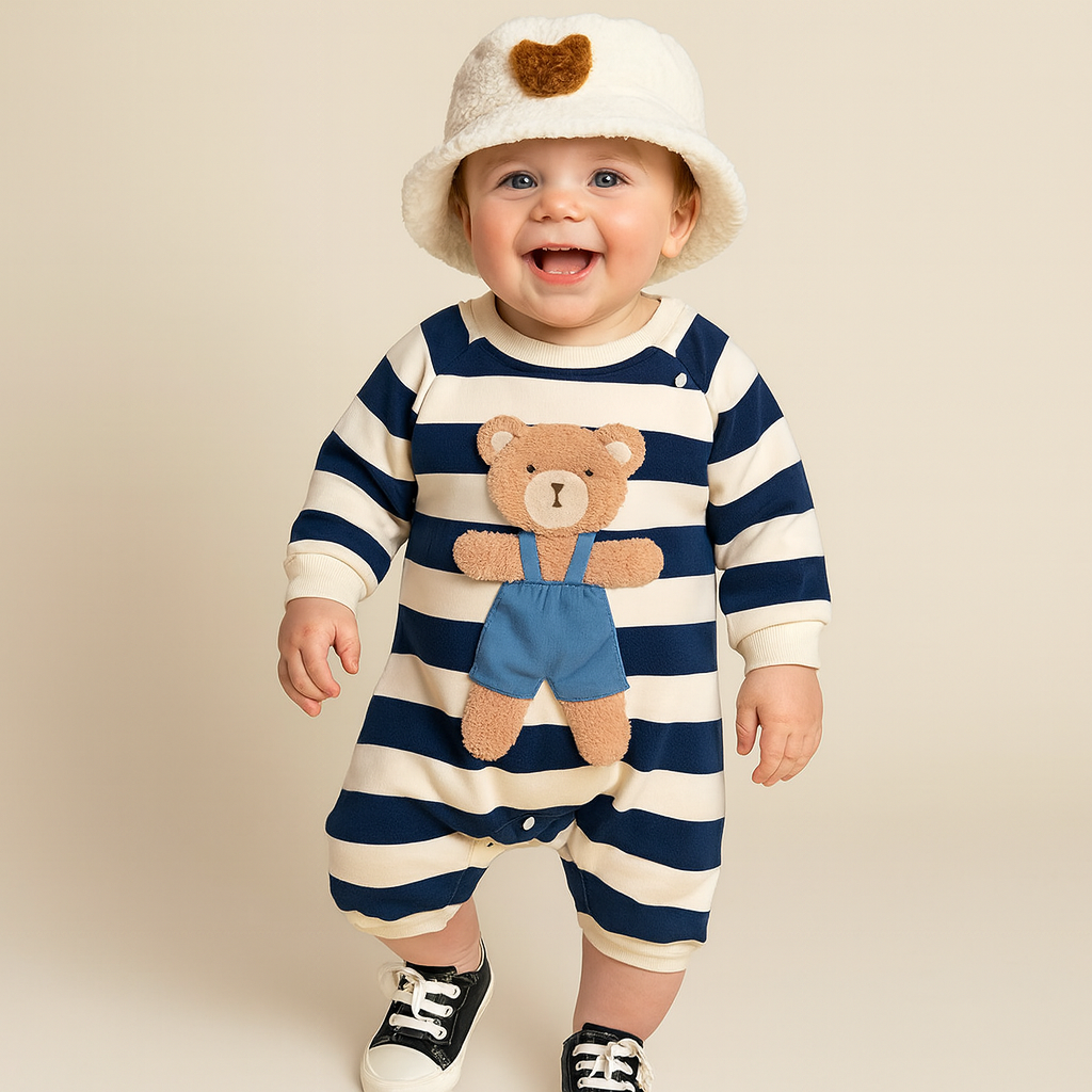 Baby Lilo Bear Print Fleece Lined Baby Romper