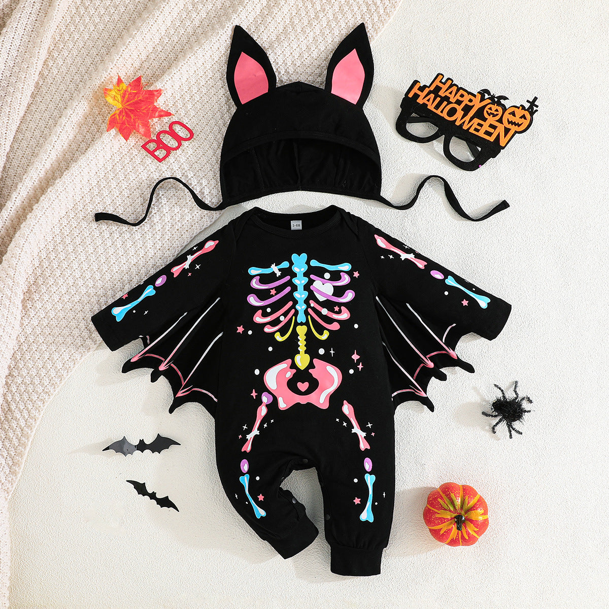 Halloween Skeleton Bat Baby Onesie with Hat